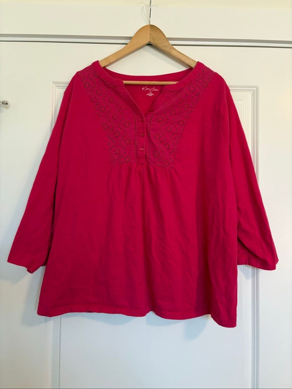 Kim Rogers Pink Eyelet Embroidered 3/4 Sleeve Peasant Blouse Top Size 1X - Picture 2 of 5